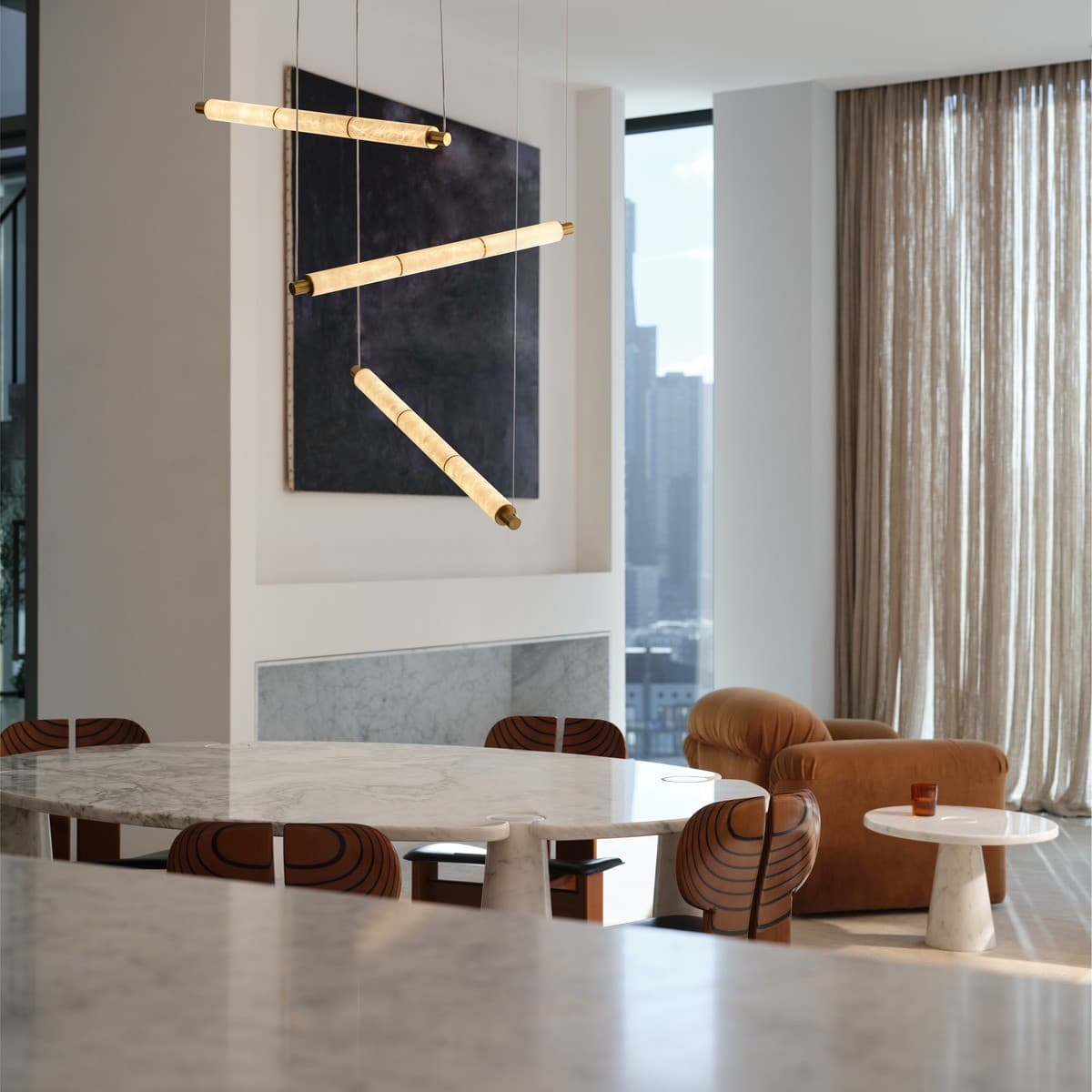 Made by Mayfair Cadence 3 Light LED Colour Switching Trapeze Pendant in Aged Brass with Spanish Alabaster-img-4
