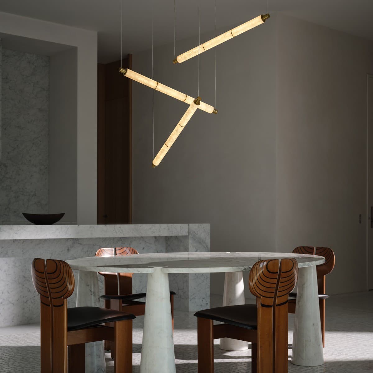Made by Mayfair Cadence 3 Light LED Colour Switching Trapeze Pendant in Aged Brass with Spanish Alabaster-img-5